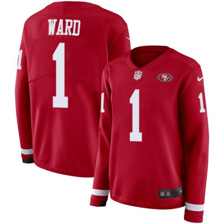 Nike 49ers #1 Jimmie Ward Red Team Color Women's Stitched NFL Limited Therma Long Sleeve Jersey