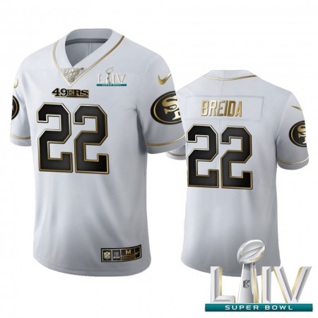 San Francisco 49ers #22 Matt Breida Men's Nike White Golden Super Bowl LIV 2020 Edition Vapor Limited NFL 100 Jersey