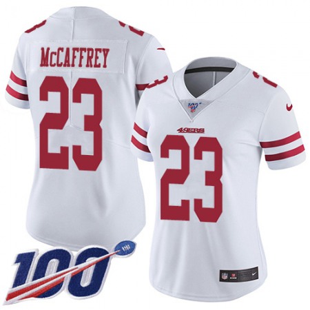 Nike 49ers #23 Christian McCaffrey White Women's Stitched NFL 100th Season Vapor Limited Jersey