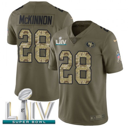 Nike 49ers #28 Jerick McKinnon Olive/Camo Super Bowl LIV 2020 Men's Stitched NFL Limited 2017 Salute To Service Jersey