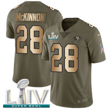 Nike 49ers #28 Jerick McKinnon Olive/Gold Super Bowl LIV 2020 Youth Stitched NFL Limited 2017 Salute To Service Jersey