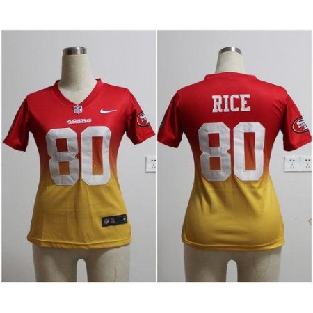 Nike 49ers #80 Jerry Rice Red/Gold Women's Stitched NFL Elite Fadeaway Fashion Jersey