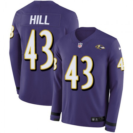 Nike Ravens #43 Justice Hill Purple Team Color Men's Stitched NFL Limited Therma Long Sleeve Jersey