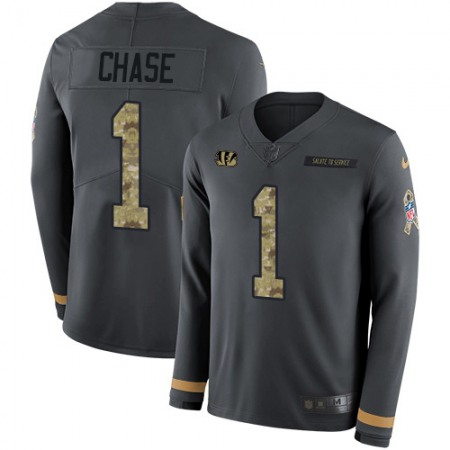 Nike Bengals #1 Ja'Marr Chase Anthracite Salute to Service Men's Stitched NFL Limited Therma Long Sleeve Jersey