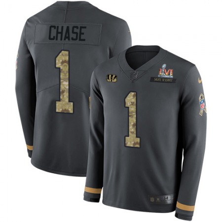 Nike Bengals #1 Ja'Marr Chase Anthracite Super Bowl LVI Patch Salute to Service Men's Stitched NFL Limited Therma Long Sleeve Jersey