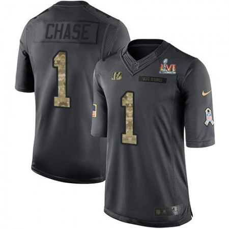 Nike Bengals #1 Ja'Marr Chase Black Team Color Super Bowl LVI Patch Men's Stitched NFL Limited Therma Long Sleeve Jersey