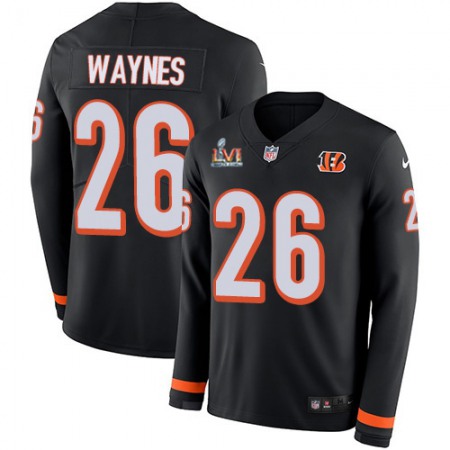 Nike Bengals #26 Trae Waynes Black Team Color Super Bowl LVI Patch Men's Stitched NFL Limited Therma Long Sleeve Jersey