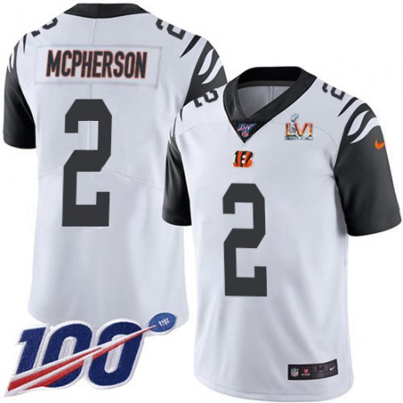 Nike Bengals #2 Evan McPherson White Super Bowl LVI Patch Men's Stitched NFL Limited Rush 100th Season Jersey