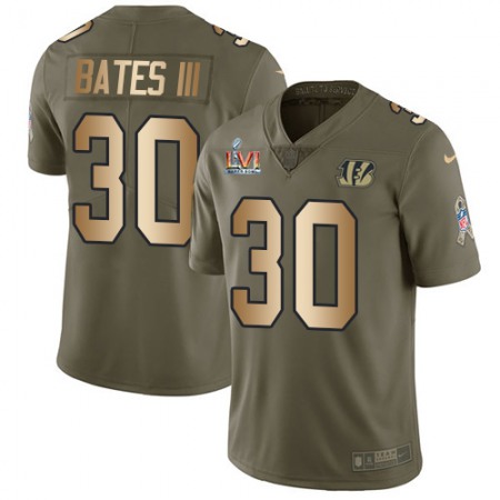 Nike Bengals #30 Jessie Bates III Olive/Gold Super Bowl LVI Patch Men's Stitched NFL Limited 2017 Salute To Service Jersey