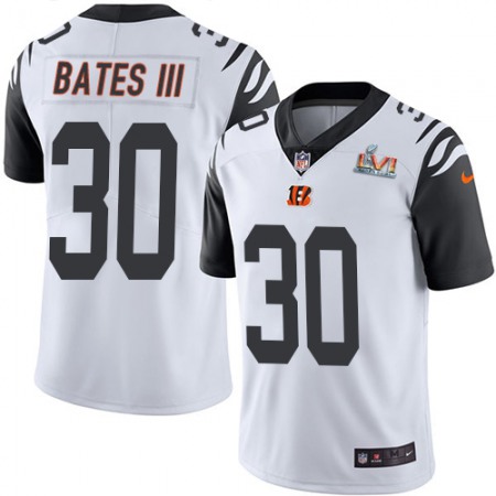 Nike Bengals #30 Jessie Bates III White Super Bowl LVI Patch Men's Stitched NFL Limited Rush Jersey