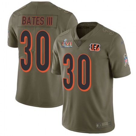 Nike Bengals #30 Jessie Bates Olive Super Bowl LVI Patch Men's Stitched NFL Limited 2017 Salute To Service Jersey