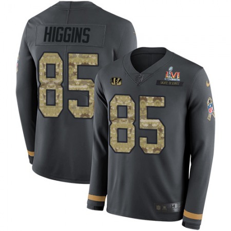 Nike Bengals #85 Tee Higgins Anthracite Super Bowl LVI Patch Salute to Service Men's Stitched NFL Limited Therma Long Sleeve Jersey