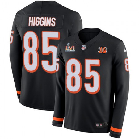 Nike Bengals #85 Tee Higgins Black Team Color Super Bowl LVI Patch Men's Stitched NFL Limited Therma Long Sleeve Jersey