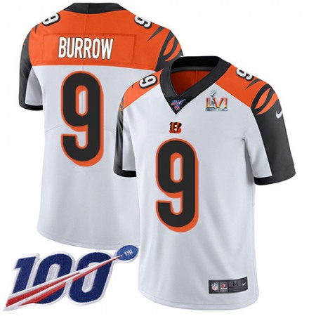 Nike Bengals #9 Joe Burrow White Super Bowl LVI Patch Men's Stitched NFL 100th Season Vapor Limited Jersey