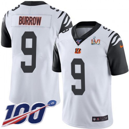 Nike Bengals #9 Joe Burrow White Super Bowl LVI Patch Men's Stitched NFL Limited Rush 100th Season Jersey