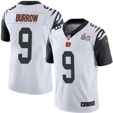 Nike Bengals #9 Joe Burrow White Super Bowl LVI Patch Men's Stitched NFL Limited Rush Jersey