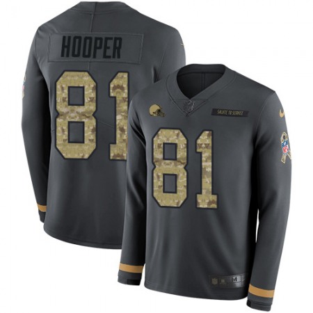 Nike Browns #81 Austin Hooper Anthracite Salute to Service Men's Stitched NFL Limited Therma Long Sleeve Jersey