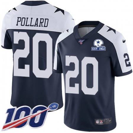 Nike Cowboys #20 Tony Pollard Navy Blue Thanksgiving Men's Stitched With Established In 1960 Patch NFL 100th Season Vapor Untouchable Limited Throwback Jersey