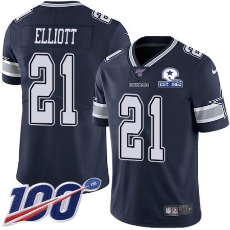 Nike Cowboys #21 Ezekiel Elliott Navy Blue Team Color Men's Stitched With Established In 1960 Patch NFL 100th Season Vapor Untouchable Limited Jersey