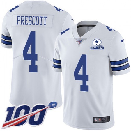 Nike Cowboys #4 Dak Prescott White Men's Stitched With Established In 1960 Patch NFL 100th Season Vapor Untouchable Limited Jersey