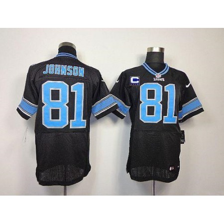 Nike Lions #81 Calvin Johnson Black Alternate With C Patch Men's Stitched NFL Elite Jersey