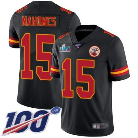 Nike Chiefs #15 Patrick Mahomes Black Super Bowl LVII Patch Men's Stitched NFL Limited Rush 100th Season Jersey