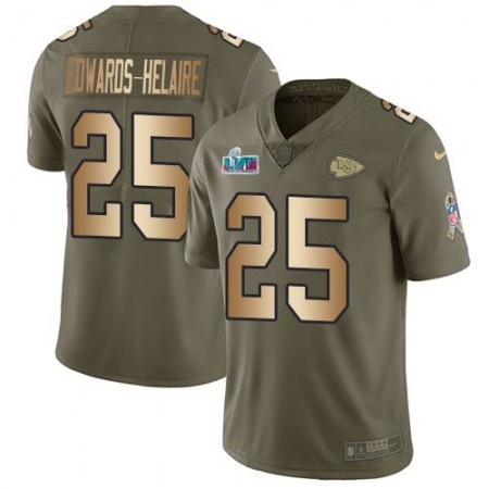 Nike Chiefs #25 Clyde Edwards-Helaire Olive/Gold Super Bowl LVII Patch Men's Stitched NFL Limited 2017 Salute To Service Jersey