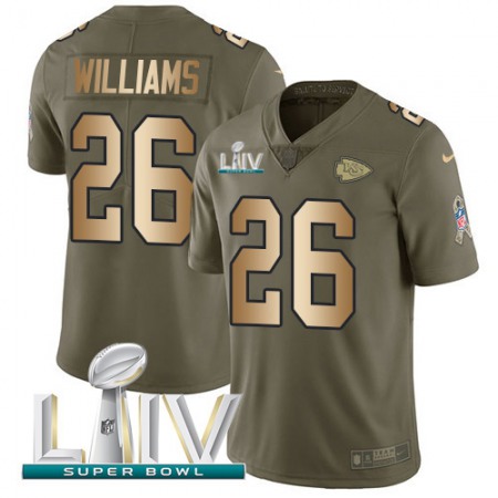 Nike Chiefs #26 Damien Williams Olive/Gold Super Bowl LIV 2020 Men's Stitched NFL Limited 2017 Salute To Service Jersey