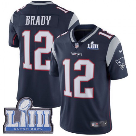 Nike Patriots #12 Tom Brady Navy Blue Team Color Super Bowl LIII Bound Men's Stitched NFL Vapor Untouchable Limited Jersey