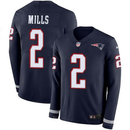 Nike Patriots #2 Jalen Mills Navy Blue Team Color Men's Stitched NFL Limited Therma Long Sleeve Jersey