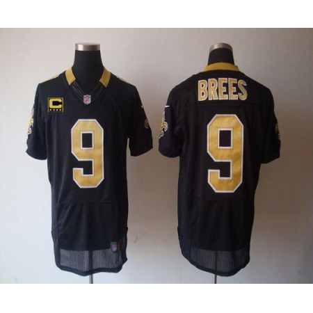 Nike Saints #9 Drew Brees Black Team Color With C Patch Men's Stitched NFL Elite Jersey