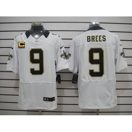 Nike Saints #9 Drew Brees White With C Patch Men's Stitched NFL Elite Jersey