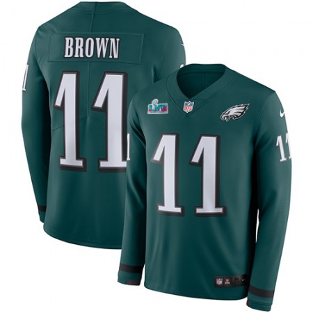 Nike Eagles #11 A.J. Brown Green Team Color Super Bowl LVII Patch Men's Stitched NFL Limited Therma Long Sleeve Jersey
