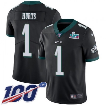 Nike Eagles #1 Jalen Hurts Black Super Bowl LVII Patch Alternate Men's Stitched NFL 100th Season Vapor Limited Jersey