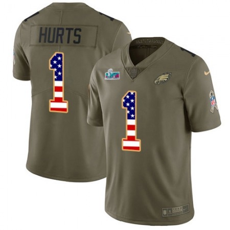 Nike Eagles #1 Jalen Hurts Olive/USA Flag Super Bowl LVII Patch Men's Stitched NFL Limited 2017 Salute To Service Jersey