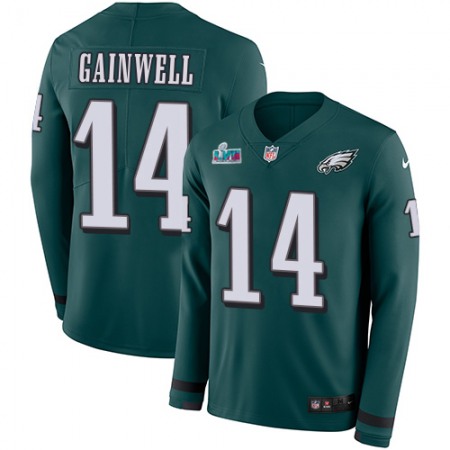 Nike Eagles #14 Kenneth Gainwell Green Team Color Super Bowl LVII Patch Men's Stitched NFL Limited Therma Long Sleeve Jersey