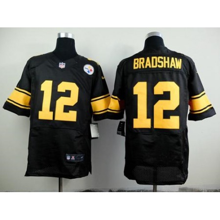 Nike Steelers #12 Terry Bradshaw Black(Gold No.) Men's Stitched NFL Elite Jersey