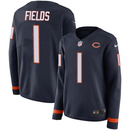 Nike Bears #1 Justin Fields Navy Blue Team Color Women's Stitched NFL Limited Therma Long Sleeve Jersey