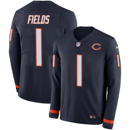 Nike Bears #1 Justin Fields Navy Blue Team Color Youth Stitched NFL Limited Therma Long Sleeve Jersey