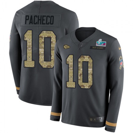 Nike Chiefs #10 Isiah Pacheco Anthracite Salute to Service Super Bowl LVII Patch Youth Stitched NFL Limited Therma Long Sleeve Jersey