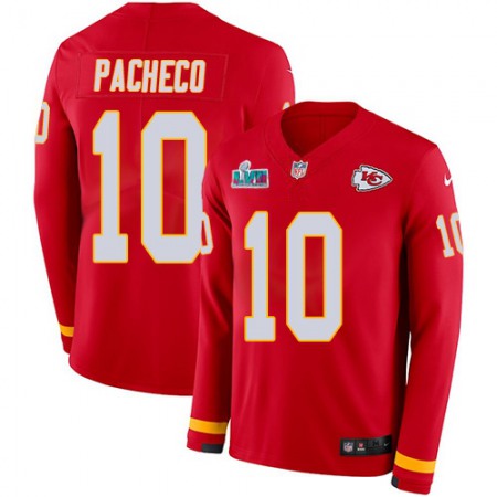 Nike Chiefs #10 Isiah Pacheco Red Team Color Super Bowl LVII Patch Youth Stitched NFL Limited Therma Long Sleeve Jersey