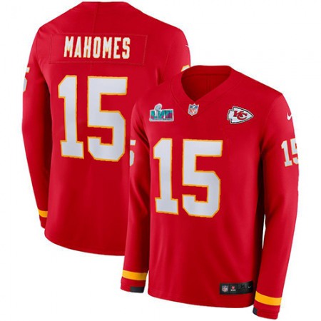 Nike Chiefs #15 Patrick Mahomes Red Team Color Super Bowl LVII Patch Youth Stitched NFL Limited Therma Long Sleeve Jersey