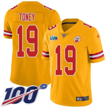 Nike Chiefs #19 Kadarius Toney Gold Super Bowl LVII Patch Youth Stitched NFL Limited Inverted Legend 100th Season Jersey