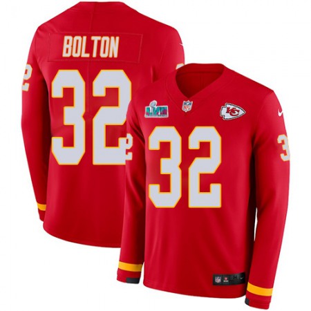 Nike Chiefs #32 Nick Bolton Red Team Color Super Bowl LVII Patch Youth Stitched NFL Limited Therma Long Sleeve Jersey