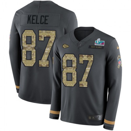 Nike Chiefs #87 Travis Kelce Anthracite Super Bowl LVII Patch Salute to Service Youth Stitched NFL Limited Therma Long Sleeve Jersey