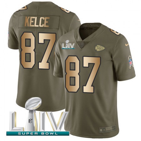 Nike Chiefs #87 Travis Kelce Olive/Gold Super Bowl LIV 2020 Youth Stitched NFL Limited 2017 Salute To Service Jersey