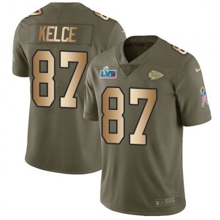 Nike Chiefs #87 Travis Kelce Olive/Gold Super Bowl LVII Patch Youth Stitched NFL Limited 2017 Salute To Service Jersey