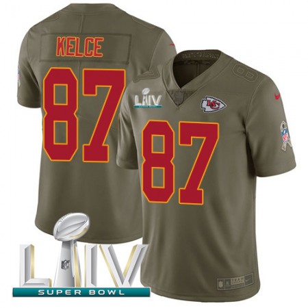 Nike Chiefs #87 Travis Kelce Olive Super Bowl LIV 2020 Youth Stitched NFL Limited 2017 Salute To Service Jersey