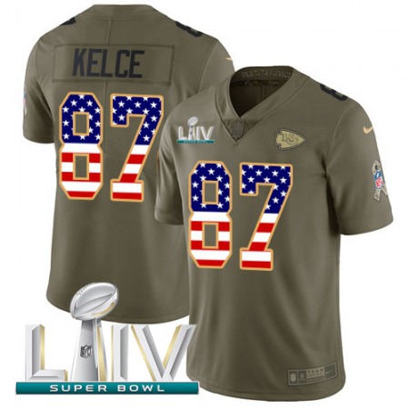 Nike Chiefs #87 Travis Kelce Olive/USA Flag Super Bowl LIV 2020 Youth Stitched NFL Limited 2017 Salute To Service Jersey