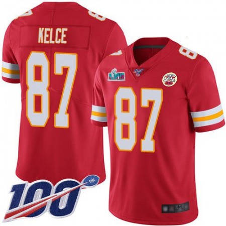 Nike Chiefs #87 Travis Kelce Red Team Color Super Bowl LVII Patch Youth Stitched NFL 100th Season Vapor Limited Jersey